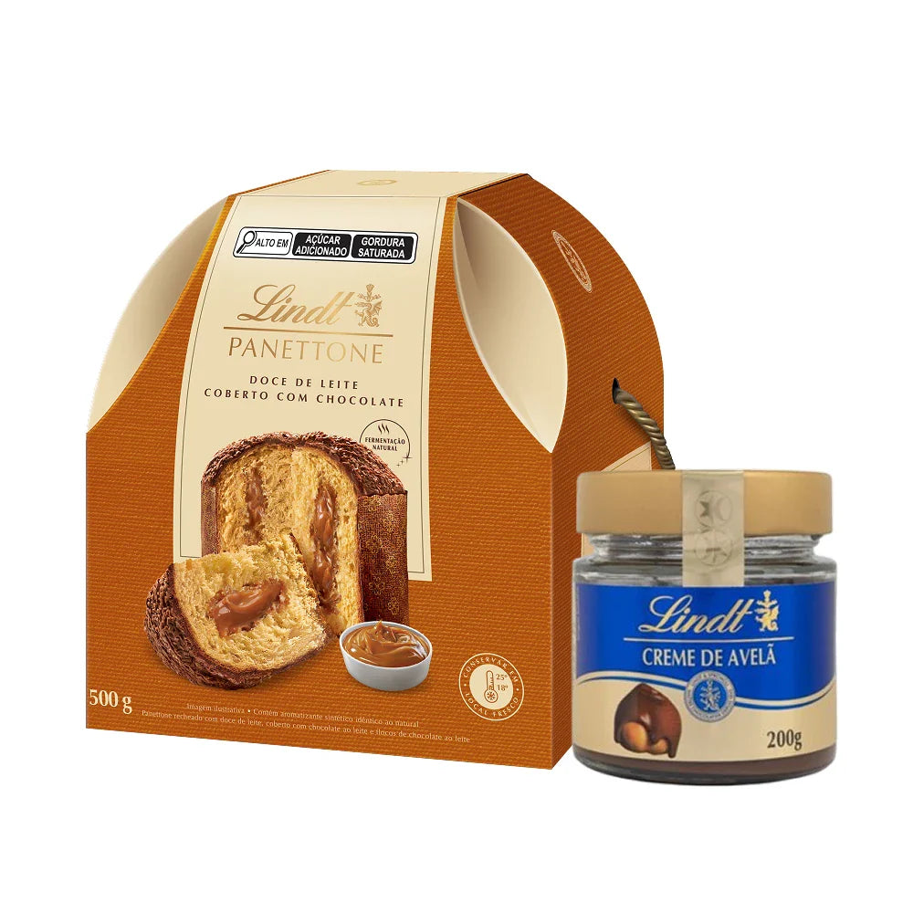 Panetone Doce de Leite com cobertura de chocolate ao Leite 500g + Creme de Avelã 200g
